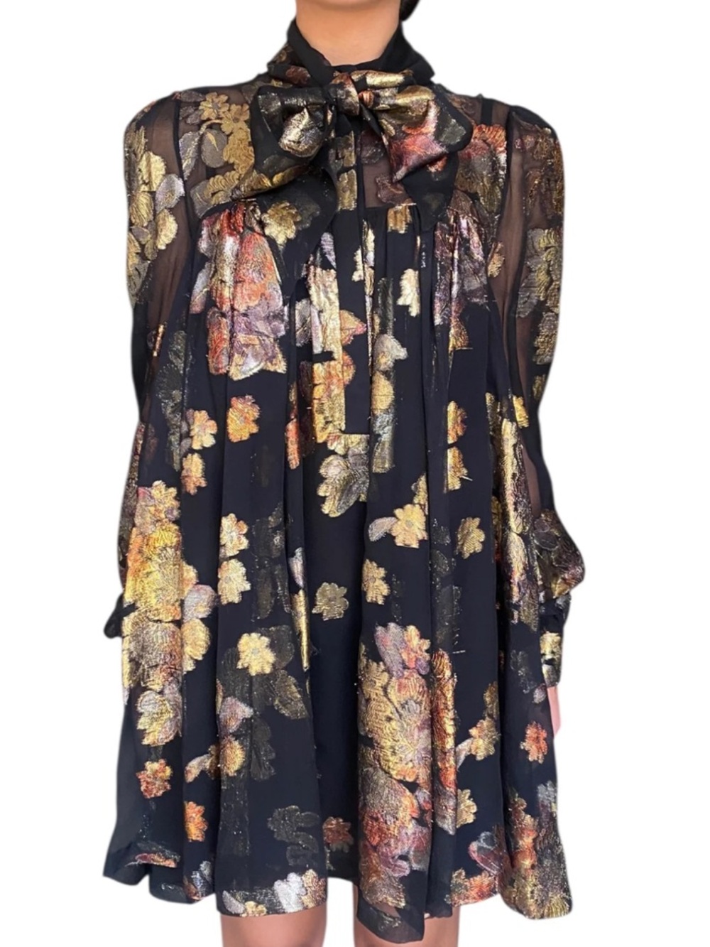 😮Saint Laurent Black Floral Silk Jacquard Mini Flared Dress - 40 - Picture 2 of 13
